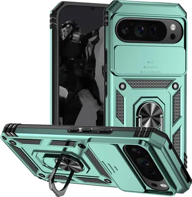 Immagine prodotto di Custodia per Google Pixel 9 Pro a doppio strato con copertura scorrevole della fotocamera e supporto ad anello verde