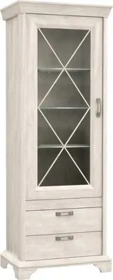 Produktbild von Furniture24 Vitrine Kashmir KSMV73, Standvitrine, Vitrinenschrank mit 1 Tür und 2 Schubkasten Pinie Weiß, Ohne Beleuchtung