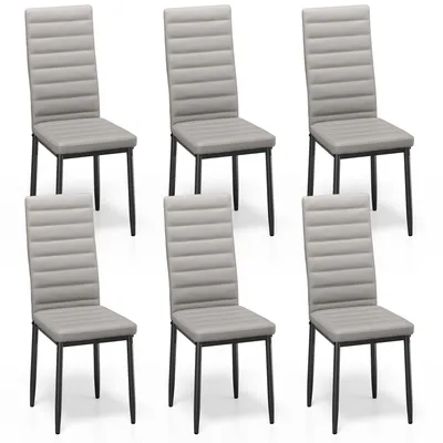 Six gray dining chairs are arranged in two rows of three on a white background.