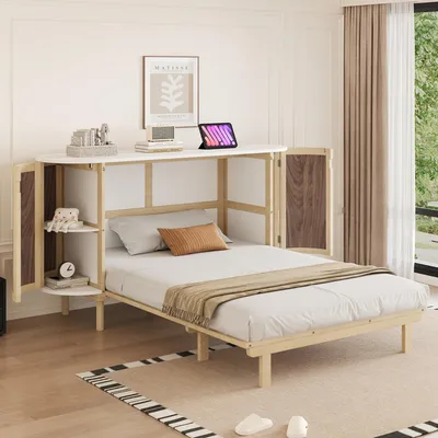 Produktbild von Flieks Klappbett Schrankbett Rattan, Wandklappbett Wandbett mit Staufächern und Lattenrost, Jugendbett Doppelbett, Naturbelassen