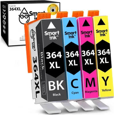 Zdjęcie produktu dla Kompatybilne wkłady atramentowe Smart Ink jako zamiennik dla HP 364 XL 364XL, zestaw 4 sztuki (czarny i zestaw kolorów C/M/Y). Wkłady o dużej pojemności przeznaczone do drukarek HP Photosmart 5520, 5510, 5524, 6520, 5515 oraz OfficeJet 4620, 4622 oraz DeskJet 3520