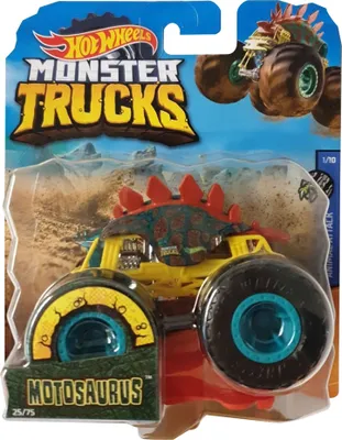 A Hot Wheels Monster Truck toy in its packaging, featuring a dinosaur-themed design.