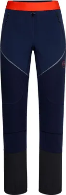 Dunkelblaue Trekkinghose für Damen von La Sportiva mit orangefarbenem Bund und funktionalen Nähten.