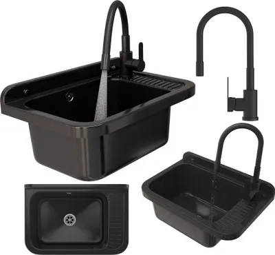 Immagine prodotto di Granitan - Lavatoio - Lavandino 50,8x33,8 cm - Lavello nero - con miscelatore GRADO e sifone - POLO