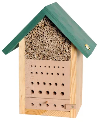 Produktbild von Kleines Insektenhotel mit grünem Dach, Bienenhaus mit Beobachtungsschublade, 23 x 14 x 29 cm, Kiefer