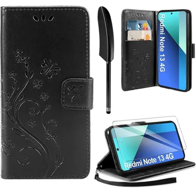 Immagine prodotto di Custodia in pelle con pellicola protettiva per Xiaomi Redmi Note 13 4G, colore nero, tipo portafoglio con scomparti per carte e funzione stand