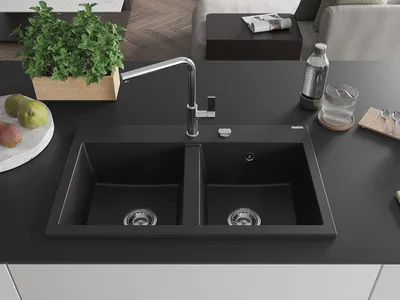 Produktbild von Mexen Hektor 2-Kammer Granitspüle 800 x 480 mm, schwarz, Siphon Chrom - 6521802000-77