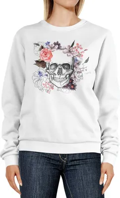 Produktbild von Sweatshirt Damen Totenkopf Blumen Boho Design Print Flower Skull Rundhals-Pullover Pulli Sweater Neverless® weiß M