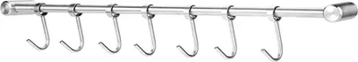 A stainless steel rod with seven S-hooks hanging from it against a white background.