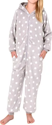 Produktbild von Normann Mädchen Jumpsuit Schlafanzug Overall aus kuscheligen  in Tupfen Optik ; grau , 128