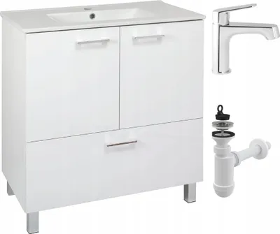 Produktbild von Stamar Waschtisch mit Unterschrank Stehend 80 x 47 cm Weiß Hochglanz 2 Türen Schublade | Badmöbel Set mit Keramik-Waschbecken und Chrom Hocharmatur