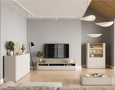 Produktbild von Wohnzimmer Set in Beige mit Eiche, 200 cm Lowboard, Vitrine inkl. Beleuchtung, 4-teilig - ELOY-141