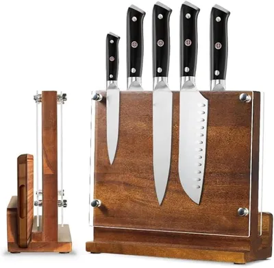 Imagen del producto de Bloque magnético para cuchillos de madera de acacia con protección de acrílico. Soporte para cuchillos de doble cara, capacidad para hasta 14 cuchillos. Estante para cuchillos que ahorra espacio, antideslizante, de 26 x 23,5 x 9,2 cm. Organización de cocina de alta calidad