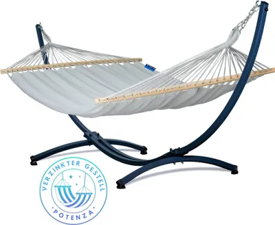 Produktbild von Potenza Outdoor Stabhängematte Hängematte mit Verzinkter Gestell für 2 Personen I 100% Baumwolle Merida Doppelhängematte XXL 215x160, 200kg I Hängemattengestell 220kg, wetterfest