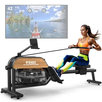 Productafbeelding van Roeimachine - Houten Roeitrainer - Waterroeier - Fitnessroeimachine - Cardio Roeier - Waterweerstand Systeem