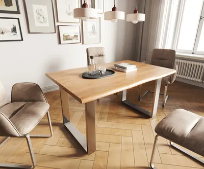 Produktbild von DELIFE Esstisch Edge 140x90 Akazie Natur Edelstahl Schmal Live-Edge