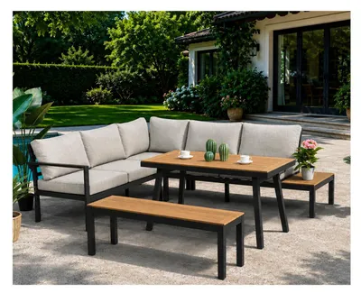 Produktbild von ALEOS. Gartenlounge wetterfest bis 7 Personen Lounge Aluminium Teakholz mit Bank OUTDOOR Polster Kissen Olefin BRASILIA Loungeecke Loungegarnitur Sitzgruppe Sofagarnitur Esstischlounge anthrazit beige