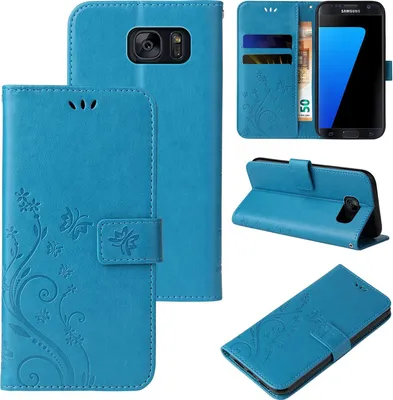 A collage of images showing a blue flip cover case for a Samsung Galaxy S7 edge phone, with floral and butterfly designs.