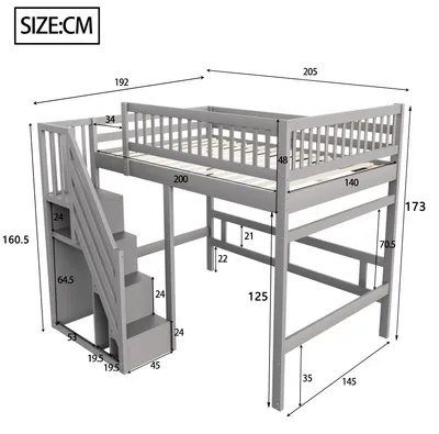 Zdjęcie produktu dla Łóżko piętrowe z litego drewna - łóżko dla dzieci i młodzieży - schodki - szafka z miejscem do przechowywania - wysokie barierki ochronne - wymiary 140 x 200 cm - ciemnoszary kolor