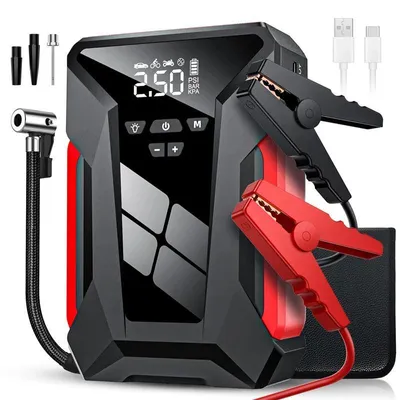 Obrázek produktu pro Powerbank pro startování vozidel – zařízení pro startování s kompresorem – špičkový proud 600 A – kapacita 10000 mAh – vzduchový kompresor pro nafukování pneumatik – LED nouzové osvětlení – přenosné