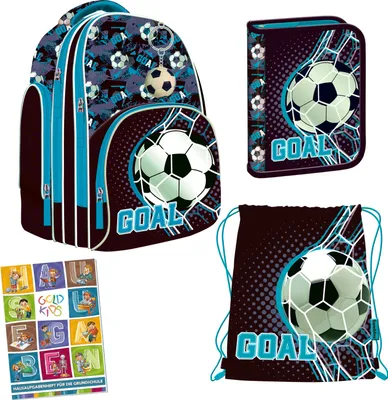 Produktbild von Schulranzen für Jungen - Schul-Rucksack für Kinder mit Federmäppchen - Schuhbeutel und Hausaufgabenheft - Fußball Goal Motiv