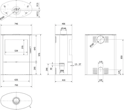 Technical drawing of a fireplace with dimensions and specifications.