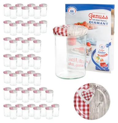 Produktbild von 50er Set Sturzglas 435 ml To 82 Deckel Holz Herz rot incl. Diamant Gelierzauber Rezeptheft