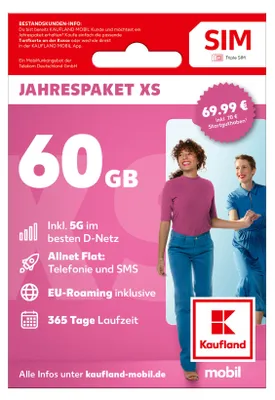 Produktbild von KAUFLAND MOBIL Prepaid SIM Jahrespaket Smart XS (60 GB) mit 5G im besten D-Netz