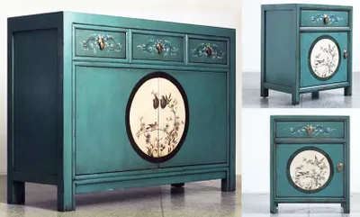 Immagine prodotto di Combinazione/set cinese Aurora, Asia mobili camera da letto shabby chic vintage verde smeraldo credenza cassettiera armadio matrimonio, 2 comodini comodini orientale asiatico cinese Estremo Oriente