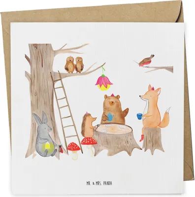 Produktbild von Mr. & Mrs. Panda Glückwunschkarte Waldtiere Picknick - Weiß - Geschenk, Igel, doppelkarte, Lustige Sprüche, Grußkarte, Fuchs, anlasskarte, Hase, Maus, faltkarte