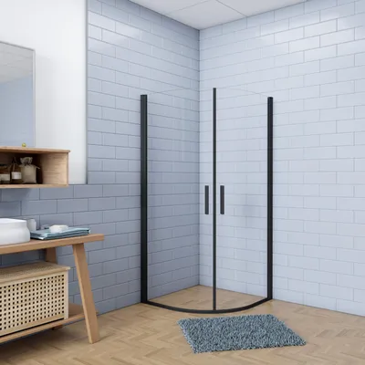Produktbild von 80x80xH.195cm Runddusche Drehtür Dusche Viertelkreis Schwarz Duschkabine 6mm NANO ESG Sicherheitsglas