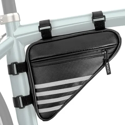 A black triangular bicycle frame bag with reflective stripes is attached to the frame of a bicycle.