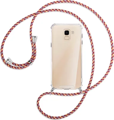 Produktbild von Handykette Backcover-Schutzhülle mit Band (Metall silberfarben) für Samsung Galaxy J6 2018 - weinrot/gelb/grau