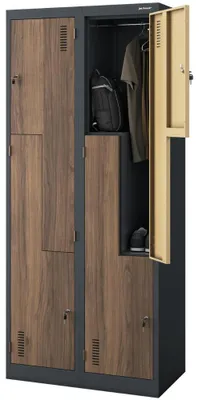 Produktbild von Umkleideschrank Spind JULIA 4 Abteile mit Lüftungsschlitze | Umkleidespind Metall Schließfachschrank Garderobenspind 185x80x45cm Anthrazit-Nussbaum