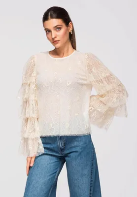Produktbild von Ombre Kurze Damenbluse aus Spitze mit Rüschenärmeln écru M