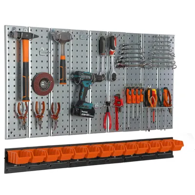 Obrázek produktu pro Nástěnný kovový úložný systém 117x72cm s držáky na nářadí Stohovací boxy oranžové barvy