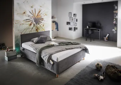 Produktbild von Meise Möbel Kinderbett Cool 140x200 cm | Bettgestell | Kopfteil glatt | Cordstoff Anthrazit | Holzfuß eichefarbig