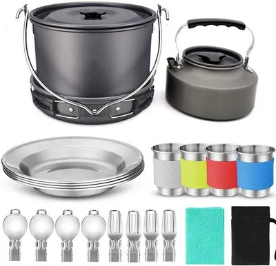 Produktbild von 22-teiliges Campingkochset – Großer Topf, Pfanne, Kessel – Für 4 Personen – Außenkochen, Camping, Picknick