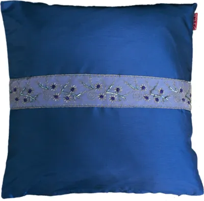 Produktbild von Kissenhülle Wildseide Optik Bordüre mit Perlen bestickt Kissenbezug Zierkissen Deko Kissen 50x50 cm Blau