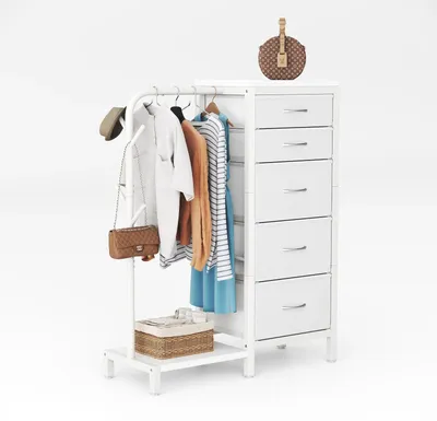Produktbild von Kleiderständer mit Ablagen - Freistehende Garderobe - 76x30x112 cm - Kunststoffrahmen - Platzsparende Kleideraufbewahrung für Schlafzimmer und Büro - Weiß