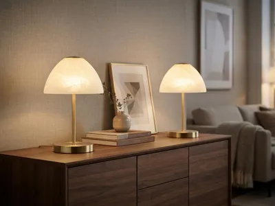 Produktbild von 2er SET kleine LED Tischlampen dimmbar Höhe 24cm Messing - Glasschirm Weiß