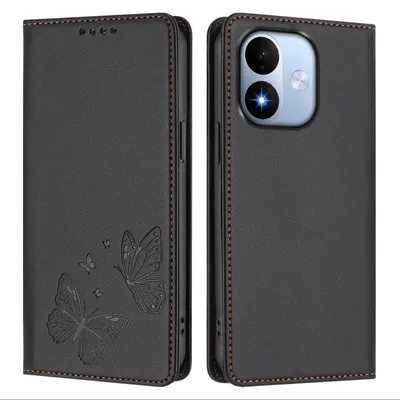 Image de Étui en cuir pour Xiaomi Redmi Note 17 4G, avec motif papillon, type portefeuille rabattable avec support. Couleur : noir
