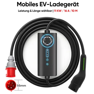 Produktbild von Mobile Wallbox EV Ladegerät 11kW Typ 2 10m Ladekabel 5-poligen 6-16A EV Charger CEE Stecker Schwarz