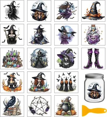Produktbild von 18 Halloween-Aufkleber mit Hexenmotiv, Transferfolie, 10 x 9,2 cm. Bunte, magische Transferaufkleber zum Aufbringen auf Tassen, Vasen, Gläser und andere Halloween-Dekorationen und Bastelarbeiten