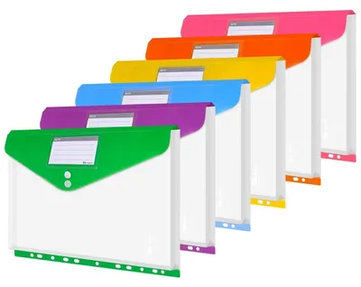 Immagine prodotto di Custodie per documenti A4, confezione da 24 pezzi, 6 colori, espandibili, con 2 bottoni e bordatura a 11 fori