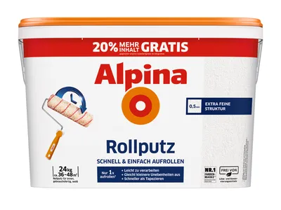 A white plastic tub of Alpina Rollputz (roller plaster) with orange and red branding and text.