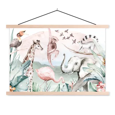 Obrázok produktu pre MuchoWow® Textilný plagát - Džungľa - Zvieratá - Akvarel - Chlapci - Dievčatá - Deti - Deti - 60x40cm - S hnedými lamelami