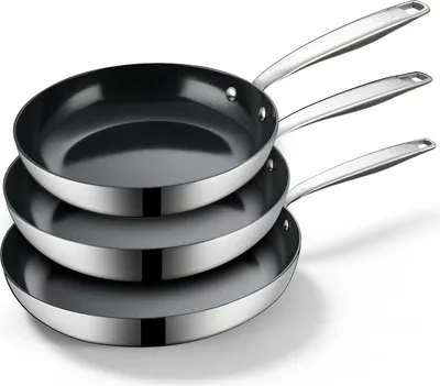 Produktbild von BE living Pfannenset aus Edelstahl – Ø 20, 24 und 28 cm – Keramikbeschichtung – Induktionsgeeignet – -frei – Antihaftbeschichtung – Bratpfanne – Essential Series