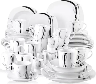 Produktbild von Gilded Frühstücksteller – 50-teilig – 6 Personen – Weiß mit schwarzem Rand – Keramik – Essteller & Kleine Teller