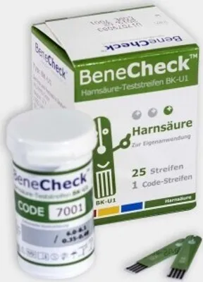 A product shot of BeneCheck Harnsäure-Teststreifen BK-U1, including the box, a bottle of test strips, and individual test strips.